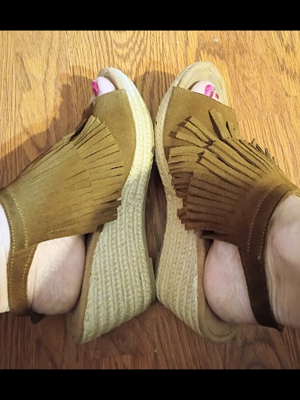 Minnetonka Tan Fringe Espadrille Wedge Sandals
